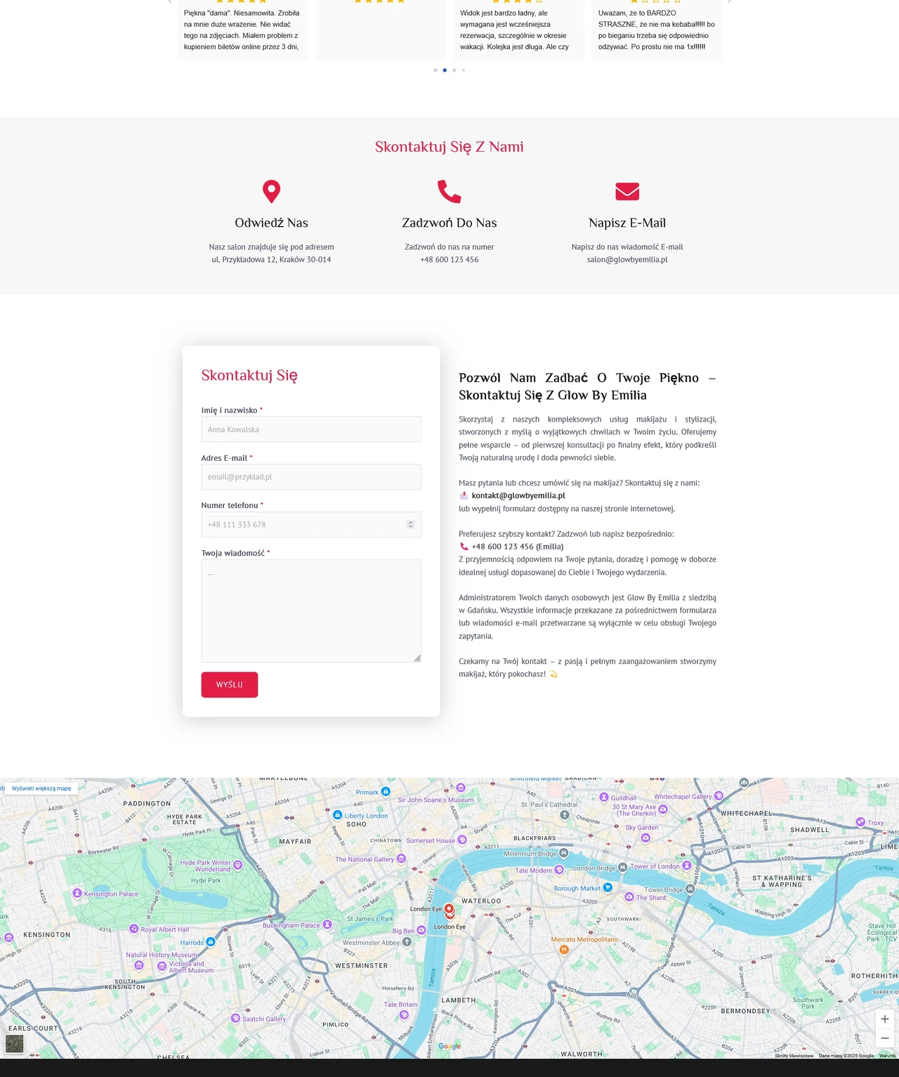 GlowBy, Strona główna, kontakt, formularz, mapka, Strona internetowa dla salonu kosmetycznego