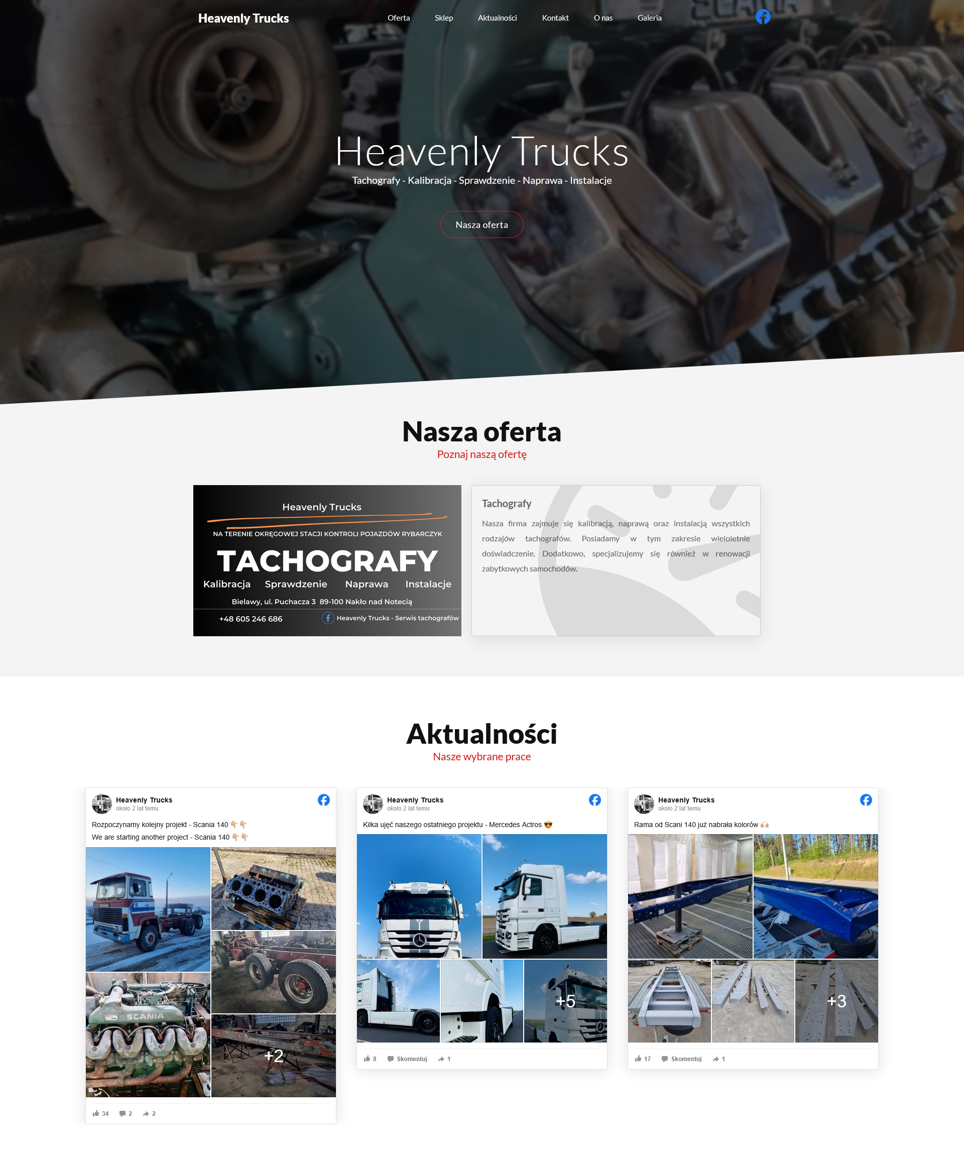 Hero, oferta, realizacje, strona dla serwisu tachografów Heavenly-trucks