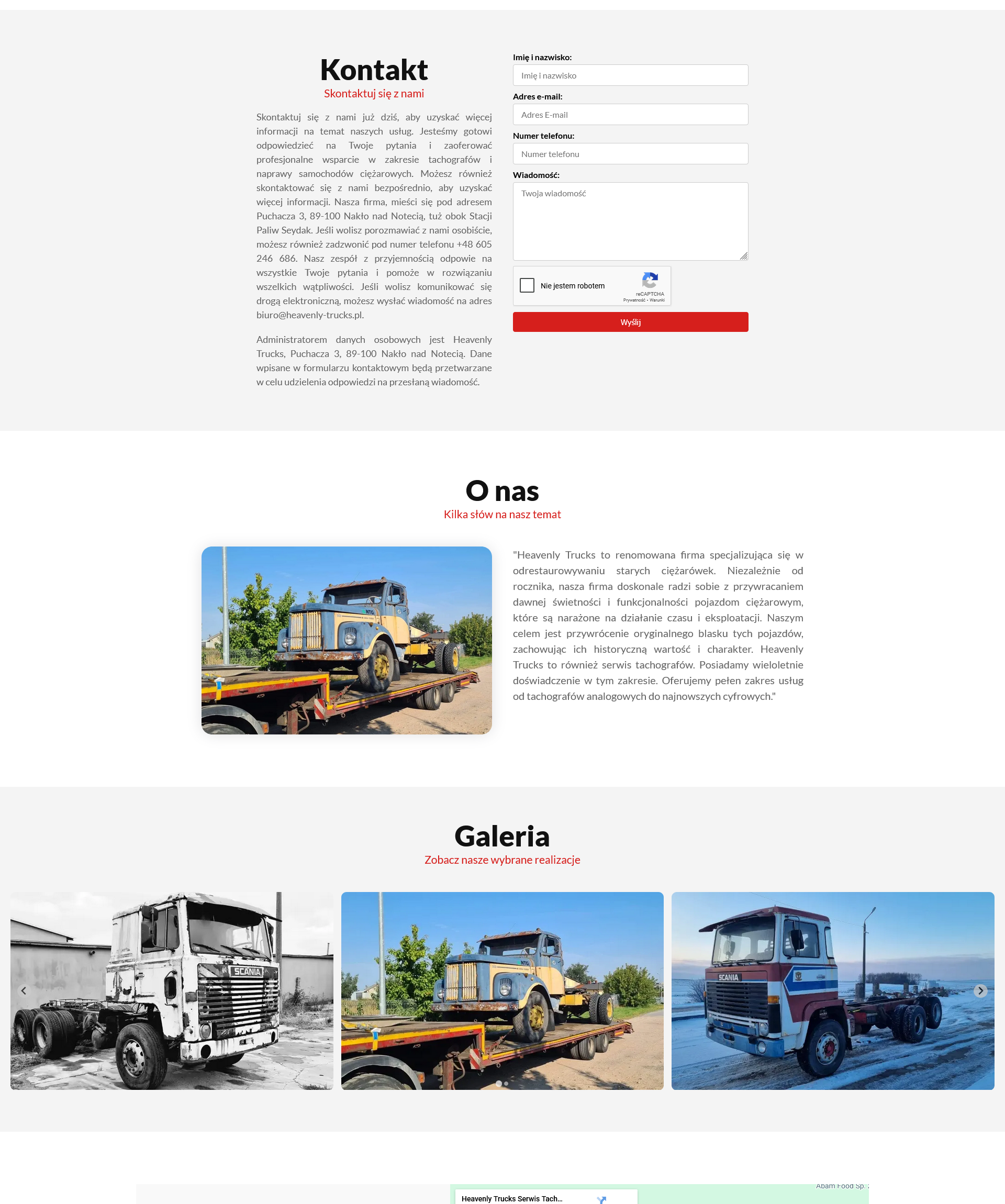 Kontakt, o nas, galeria, strona internetowa dla serwisu tachografów Heavenly-trucks