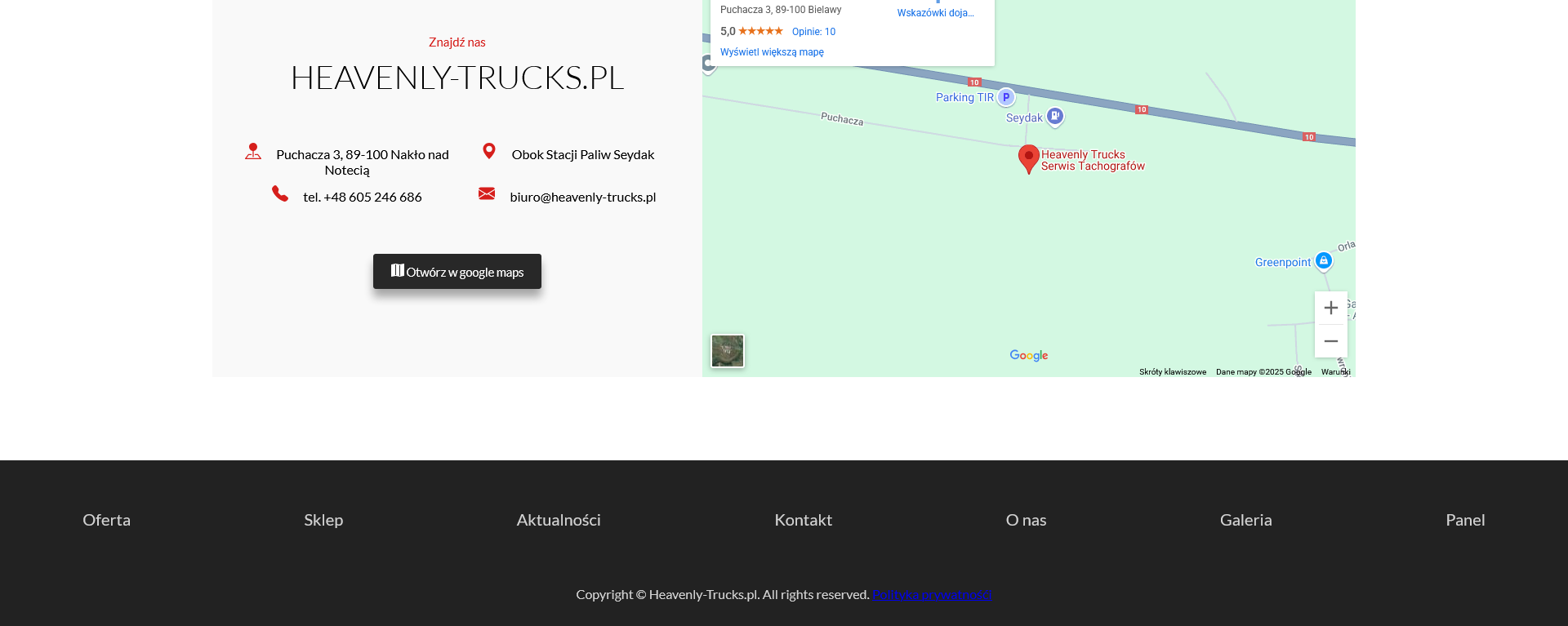 Kontakt, mapka, stopka, strona dla serwisu tachografów Heavenly-trucks