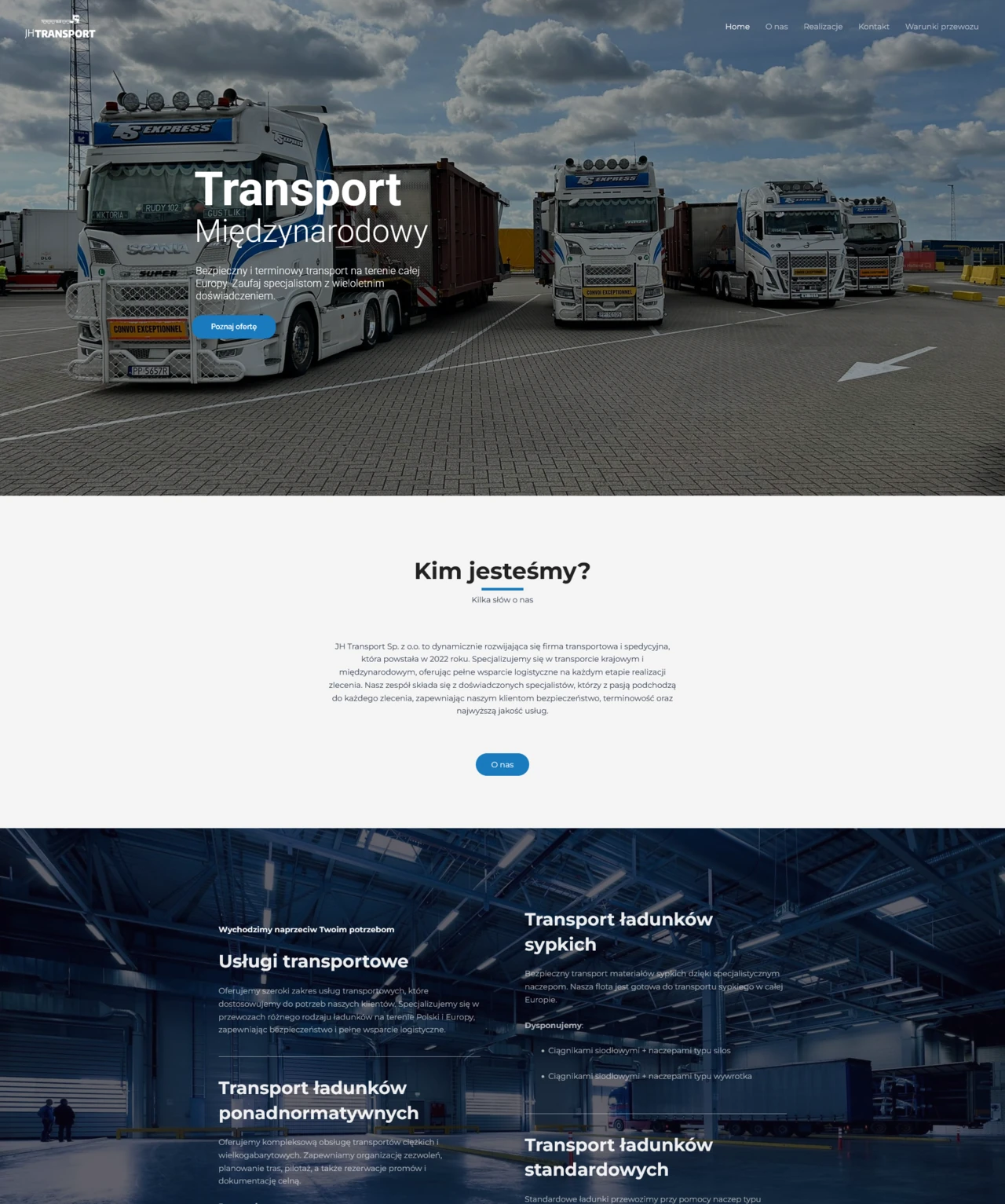 Strona główna, hero, o nas, oferta, strona internetowa dla firmy transportowej