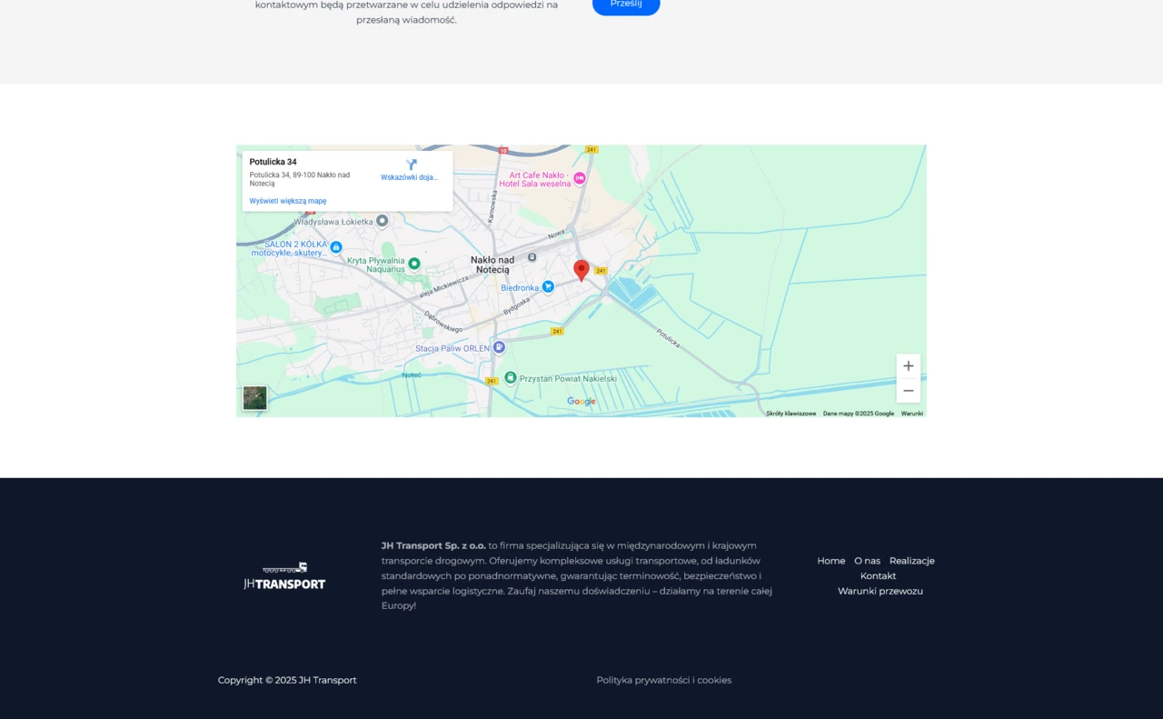 Strona główna, mapka, stopka, strona internetowa dla JHTransport