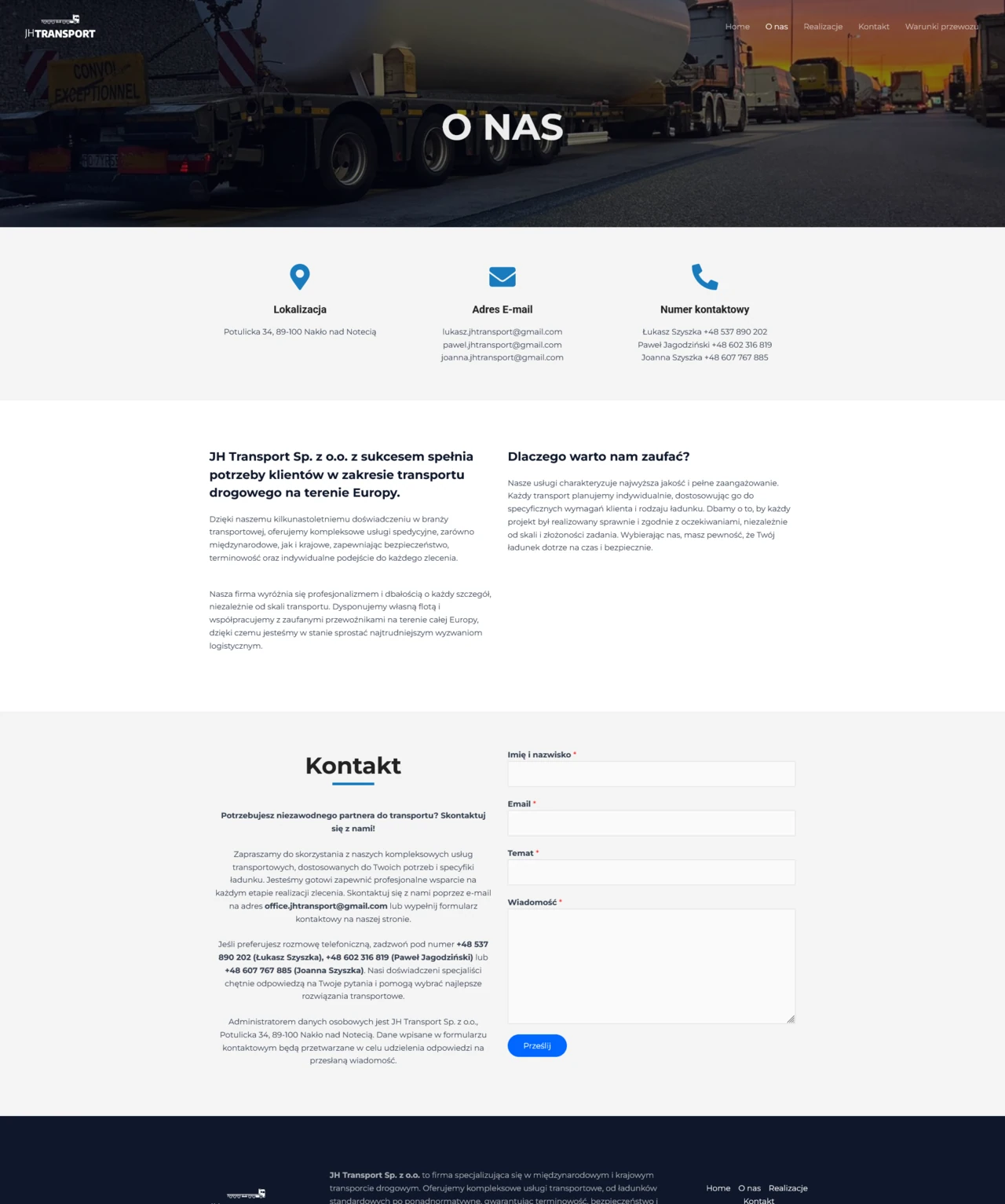 O Nas, strona internetowa dla firmy transportowej