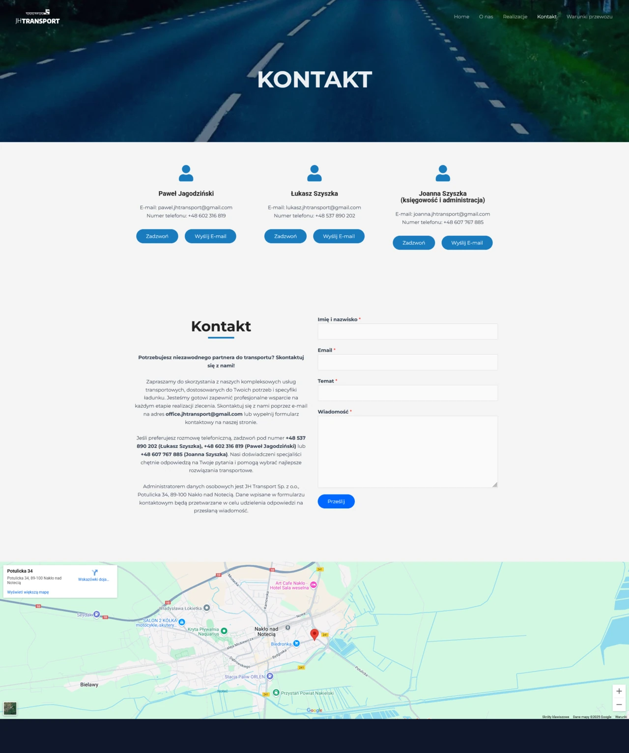 Kontakt, strona internetowa dla JHTransport