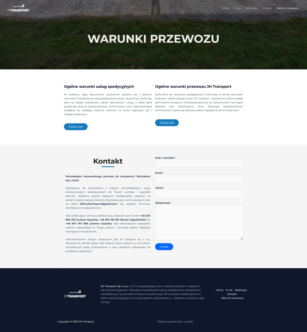 Warunki przewozu, strona internetowa dla firmy transportowej